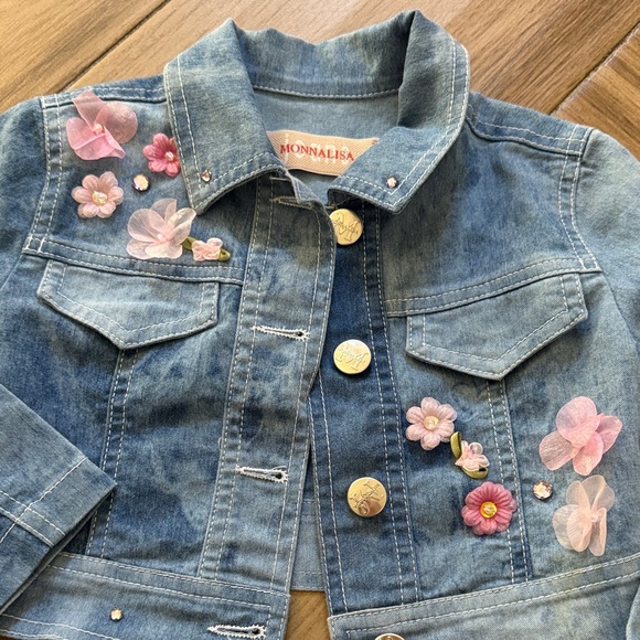 Monnalisa 2 yo Floral Embroidered Denim Jacket and Pants Set - Picture 2 of 7